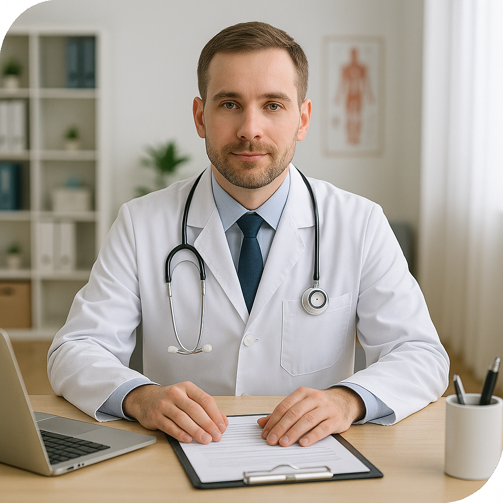 Doctor at desk reviewing patient records