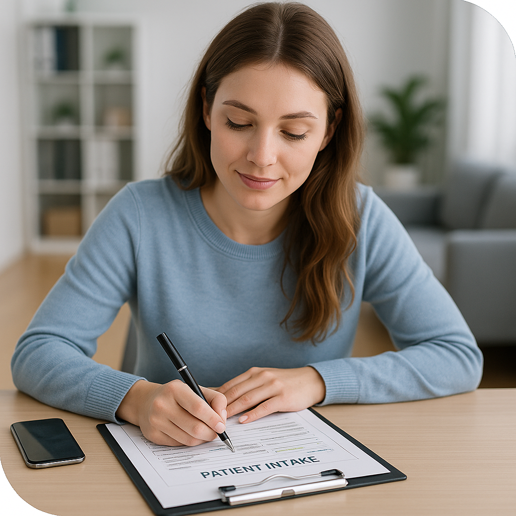 Patient filling intake form on a tablet